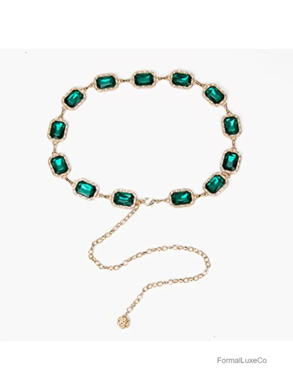 Green Glass Diamond Chain Belt - Metal Western Style Dress Belt